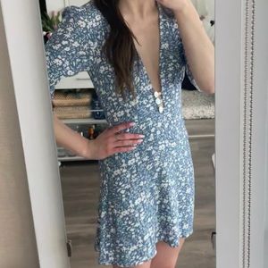 Princess Polly - Deep V Floral Mini Dress, Blue